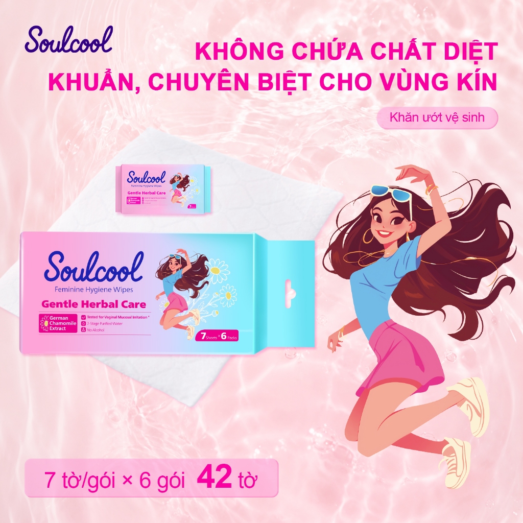 Soulcool Khăn Ướt Vệ Sinh Phụ Nữ – Không Cồn, Không Kháng Sinh – Dịu Nhẹ Làm Sạch – Giảm Mùi – 10 Tờ