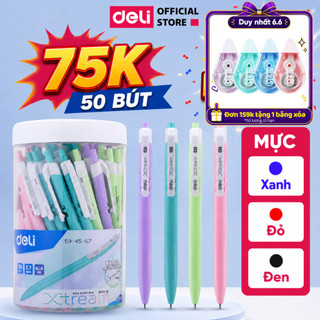 [?75K/50 Bút] Hộp 50 Bút Bi Bấm Mực Xanh/Đỏ/Đen Ngòi 0.7mm Deli Viết Nét Đều Trơn Tru Học Sinh Văn Phòng