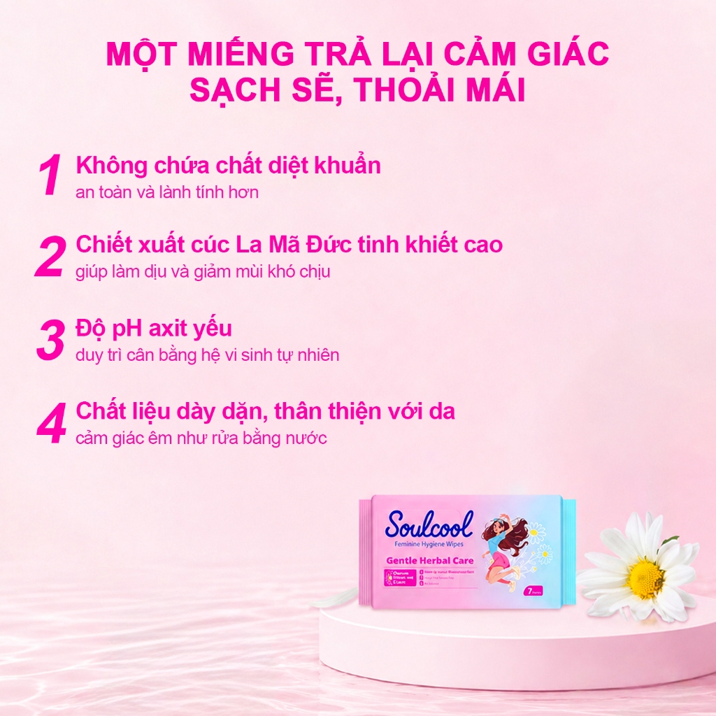 Soulcool Khăn Ướt Vệ Sinh Phụ Nữ – Không Cồn, Không Kháng Sinh – Dịu Nhẹ Làm Sạch – Giảm Mùi – 10 Tờ