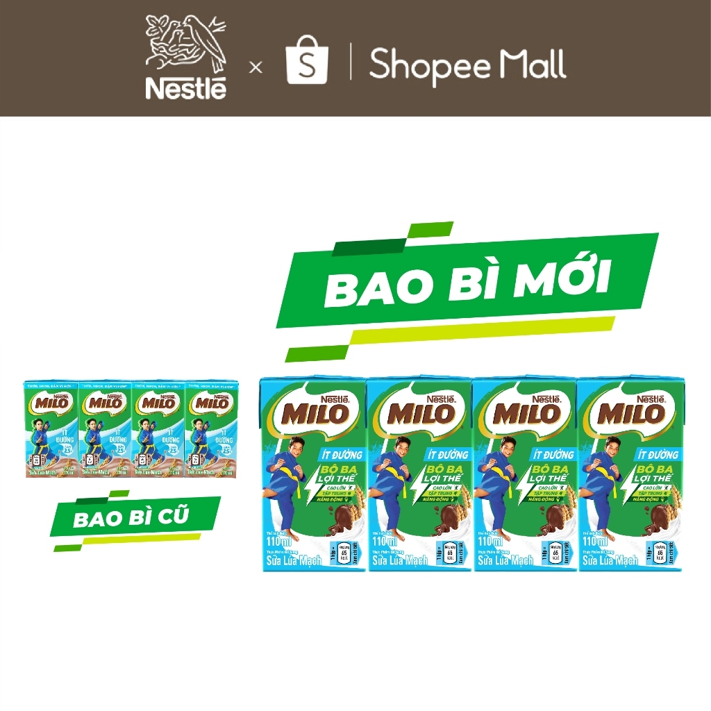 Combo 2 Thùng Sữa lúa mạch Nestle MILO ít đường (48 Hộp x 110ml)