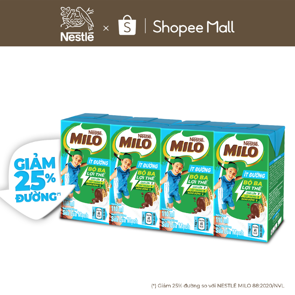 Combo 2 Thùng Sữa lúa mạch Nestle MILO ít đường (48 Hộp x 110ml)