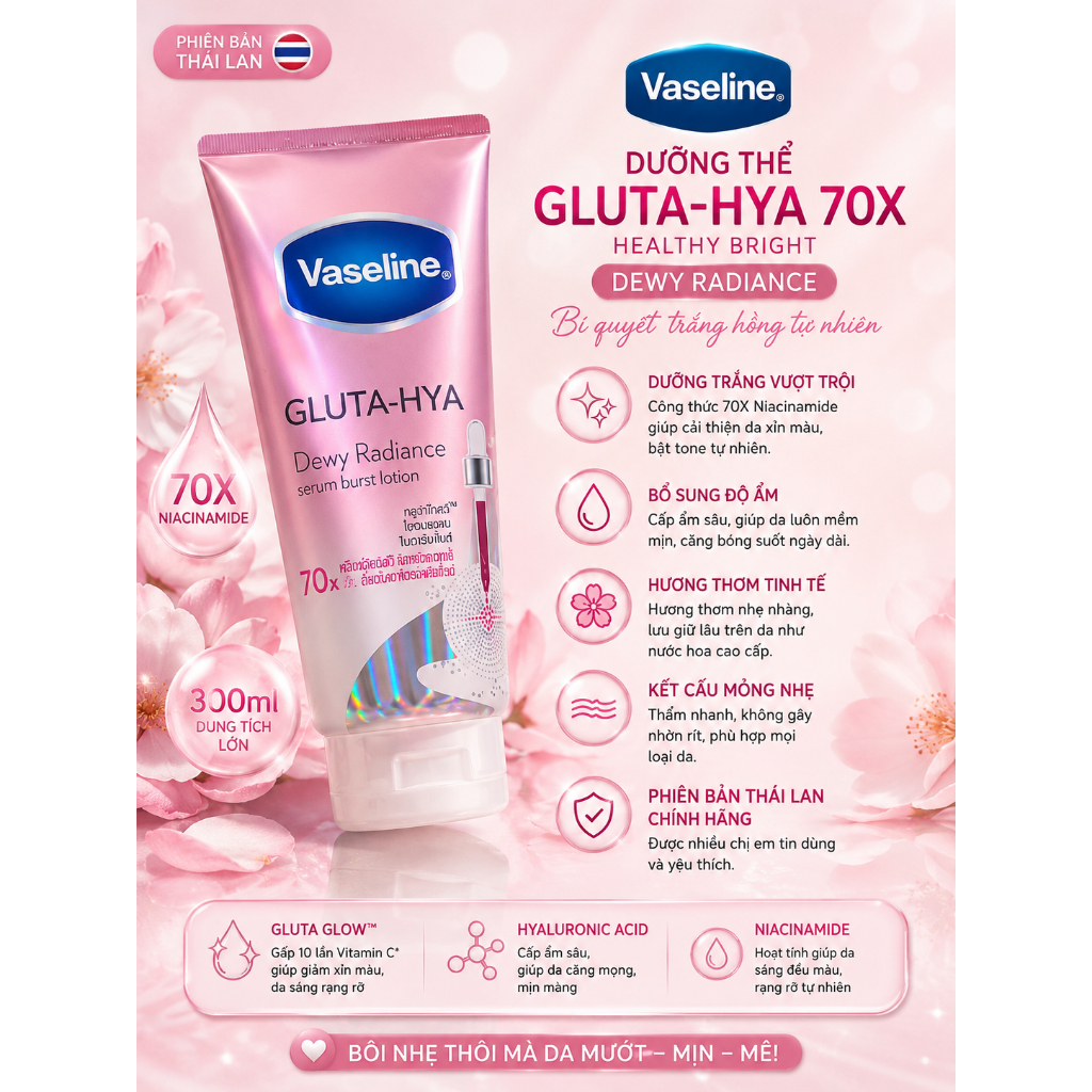 [Chính Hãng] Dưỡng Thể Vaseline 70x Hồng Healthy Bright Gluta HYA Serum Burst lotion Dewy Radiance 300ml Thái - 1 Tuýp [