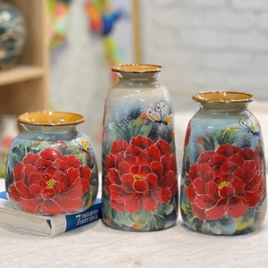Bộ 3 Bình Hoa Gốm Bát Tràng Vẽ Tay Thủ Công 3D Trang Trí Decor Làm Quà Tặng GomDecorTSC