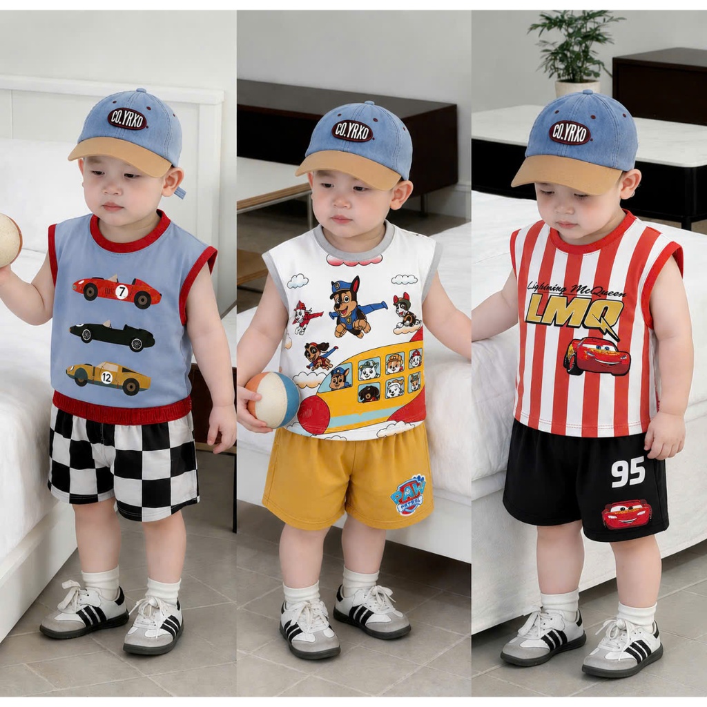 Bộ quần áo ba lỗ hoạ tiết ô tô chó cứu hộ, chất vải cotton mềm mịn ,  co dãn,thấm hút mồ hôi cho bé size 10-25kg