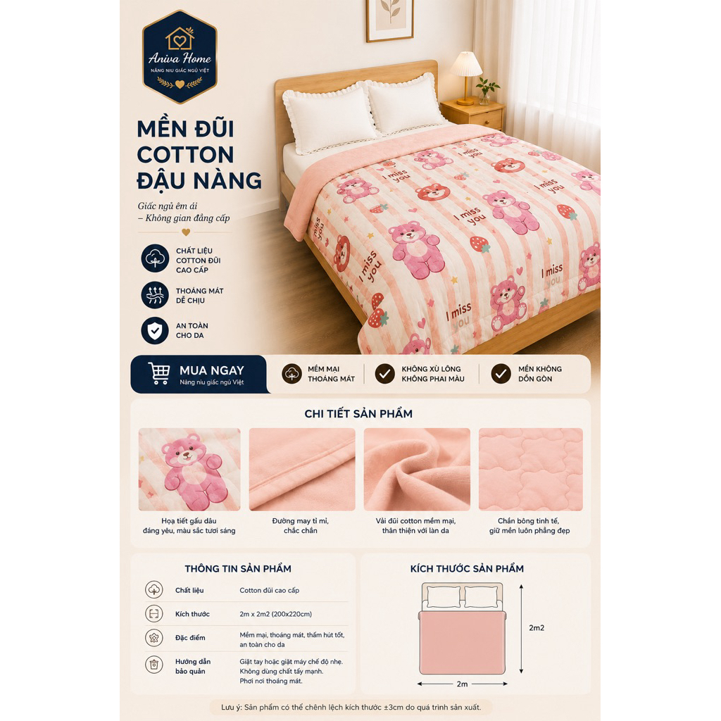 Mền đũi cotton Aniva Home đậu nành, thiết kế cao cấp, mềm mát, thoải mái, phù hợp giấc ngủ cả mùa