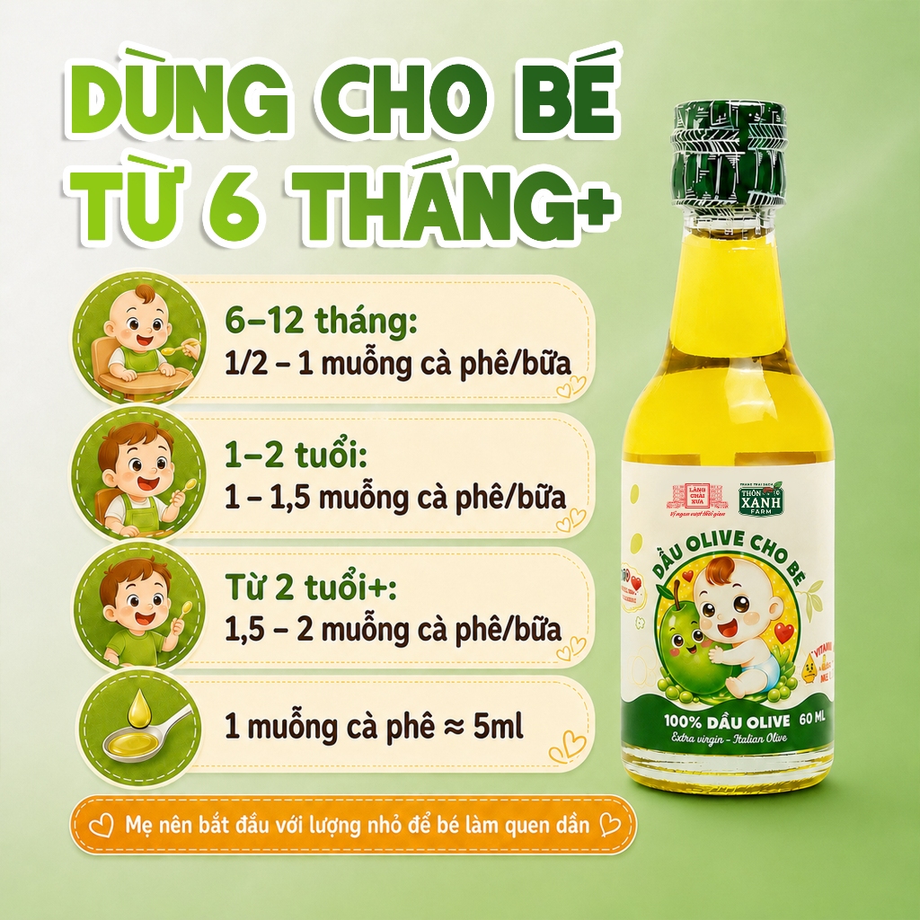 Dầu Olive ăn dặm dinh dưỡng Nguyên Chất Thôn Xanh Farm chai thuỷ tinh 60ml