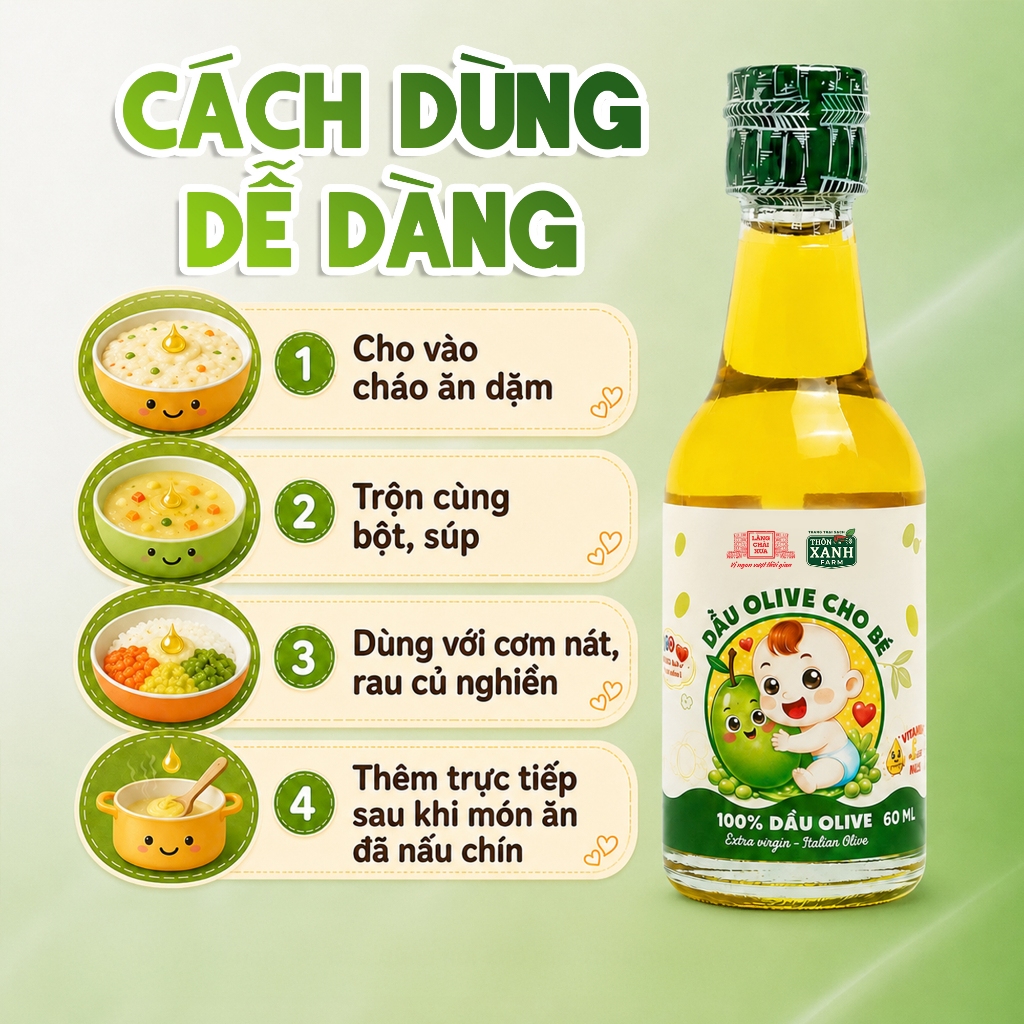 Dầu Olive ăn dặm dinh dưỡng Nguyên Chất Thôn Xanh Farm chai thuỷ tinh 60ml