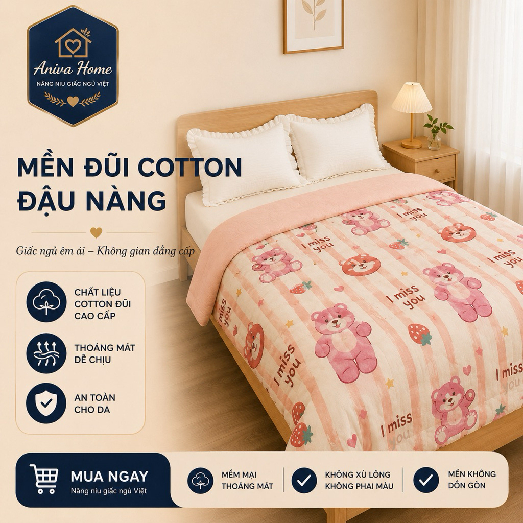 Mền đũi cotton Aniva Home đậu nành, thiết kế cao cấp, mềm mát, thoải mái, phù hợp giấc ngủ cả mùa