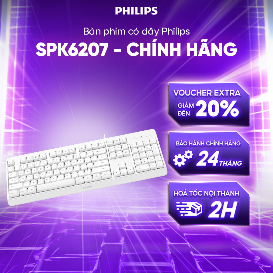 Bàn phím có dây Philips SPK6207 Chính Hãng – Phím cơ hành trình ngắn, gõ êm, bền bỉ cho máy tính