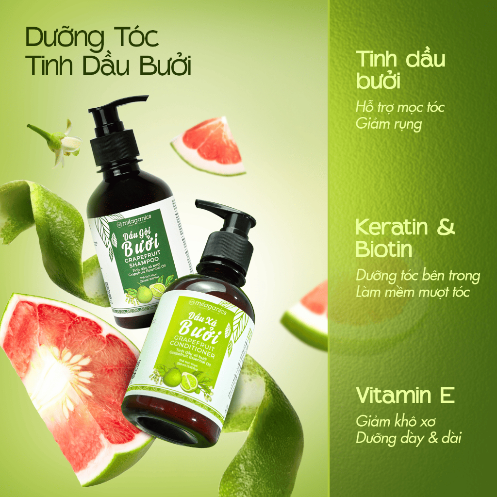 Dầu gội tinh dầu bưởi MILAGANICS giảm rụng & giúp mọc tóc, dầu gội bưởi dài tóc 250ml | BigBuy360 - bigbuy360.vn