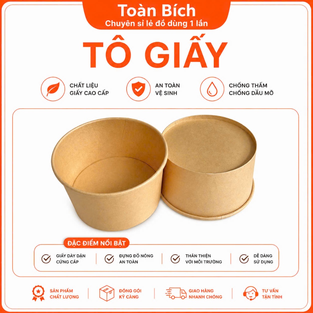 Set 100 tô giấy nâu  Kraft 1 cao cấp 500ml 750ml 1000ml kèm nắp