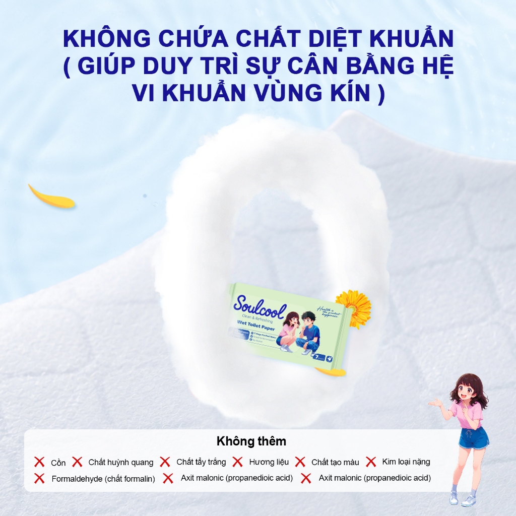 Soulcool Khăn Giấy Ướt Vệ Sinh – Không Chất Diệt Khuẩn – Tan Trong Nước, Xả Bồn Cầu – Không Cồn, Dịu Nhẹ – 7 Tờ/Gói