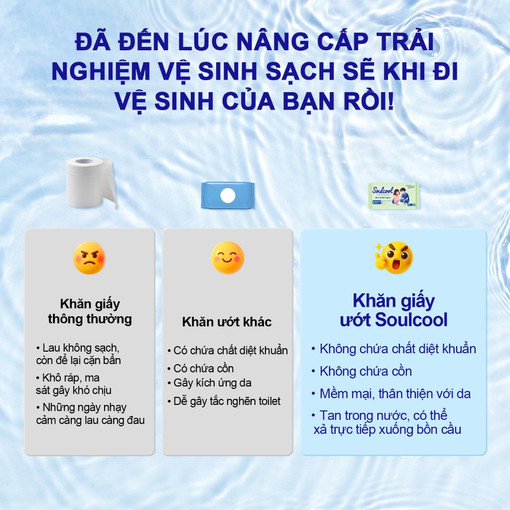 Soulcool Khăn Giấy Ướt Vệ Sinh – Không Chất Diệt Khuẩn – Tan Trong Nước, Xả Bồn Cầu – Không Cồn, Dịu Nhẹ – 7 Tờ/Gói