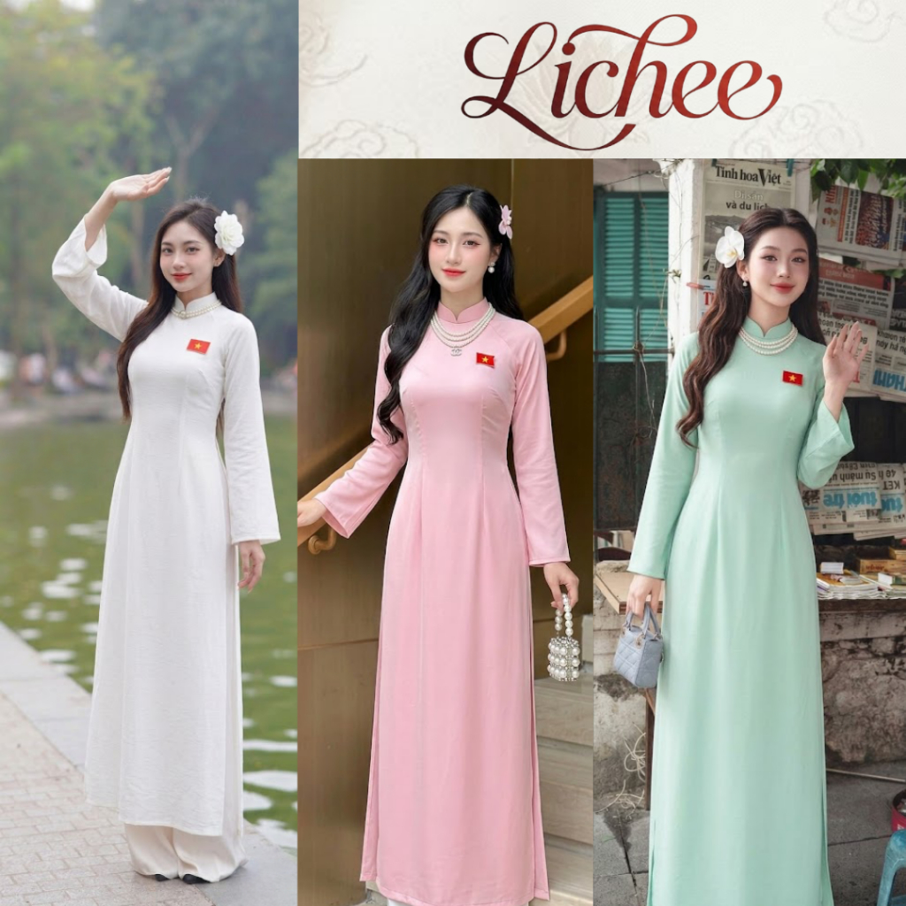 Áo Dài Truyền Thống Dáng Suông Nữ LICHEE Đính Kèm Hoạ Tiết Thêu Hình Cờ Đỏ Sao Vàng
