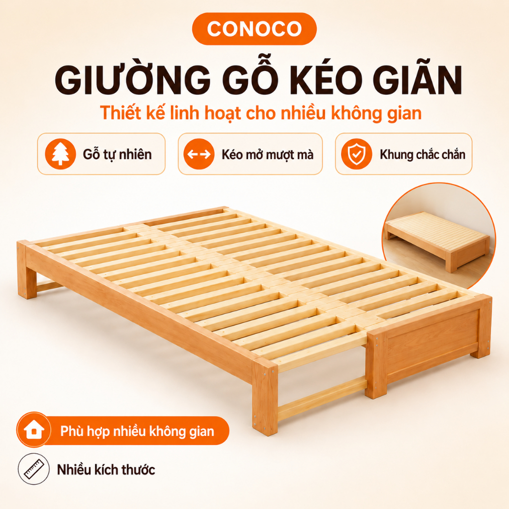 Giường gỗ kéo giãn đa năng CONOCO dễ thu gọn chắc chắn dùng cho phòng ngủ nhỏ màu tự nhiên