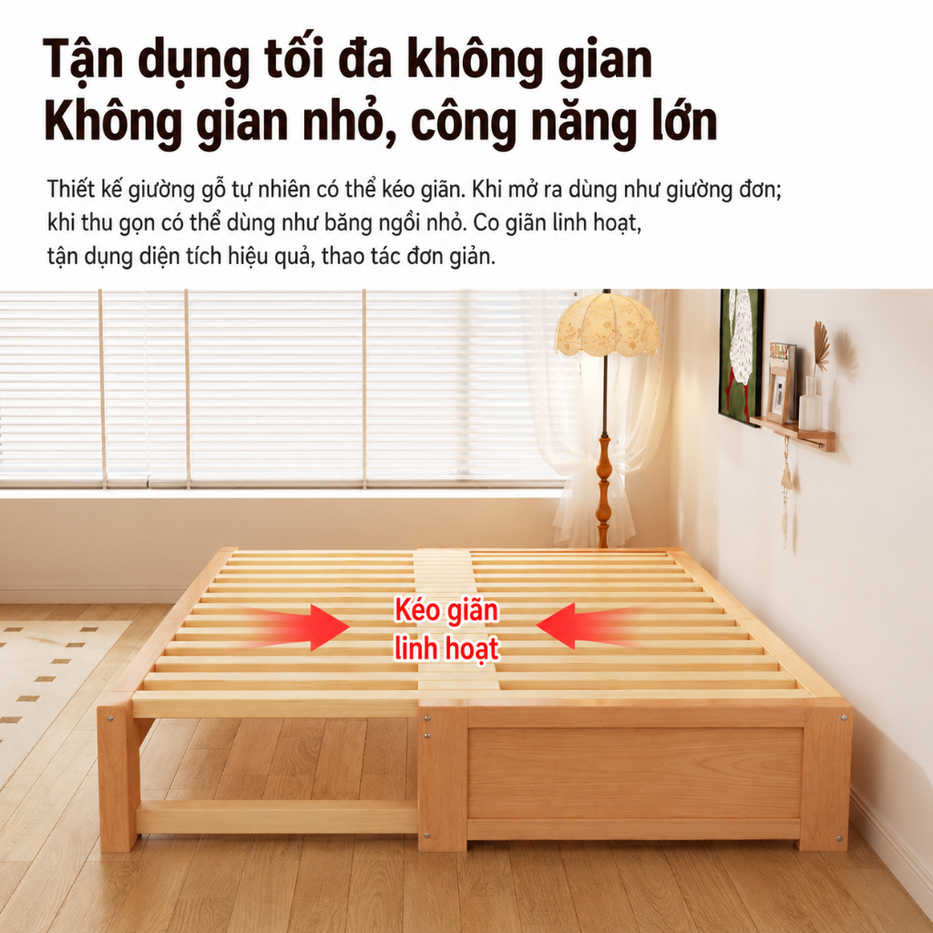 Giường gỗ kéo giãn đa năng CONOCO dễ thu gọn chắc chắn dùng cho phòng ngủ nhỏ màu tự nhiên