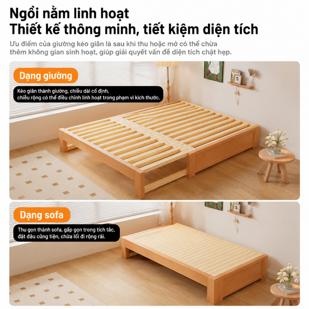 Giường gỗ kéo giãn đa năng CONOCO dễ thu gọn chắc chắn dùng cho phòng ngủ nhỏ màu tự nhiên