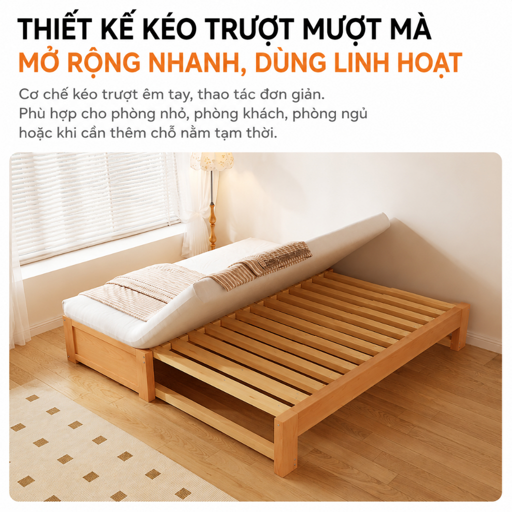 Giường gỗ kéo giãn đa năng CONOCO dễ thu gọn chắc chắn dùng cho phòng ngủ nhỏ màu tự nhiên