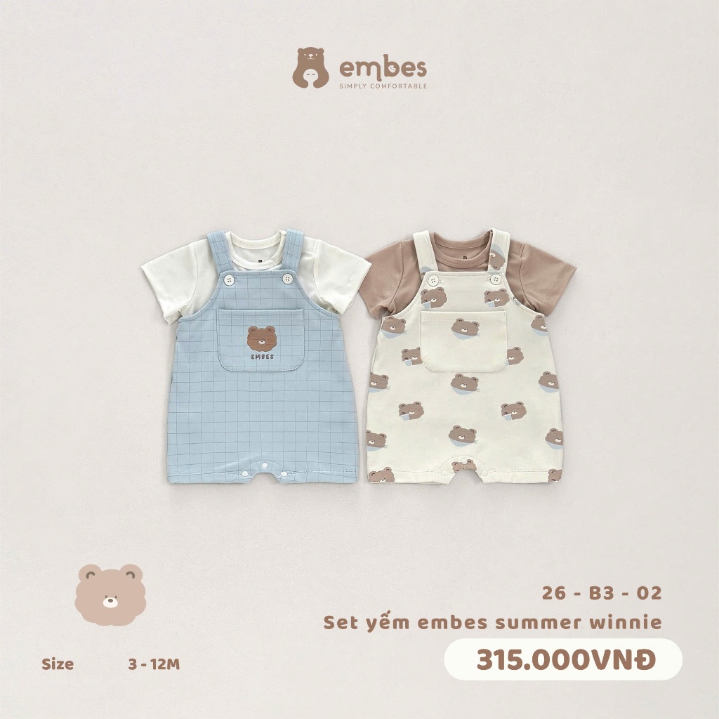 Set Yếm Bé Trai Embes, Set Yếm Cộc Có Túi Phối Áo Cộc Tay Chất Mềm Mại Cho Bé Trai Size Từ 3-12Tháng