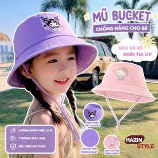 Mũ Bucket Trẻ Em Có Dây 3-10 Tuổi, Mũ Tai Bèo Bé Trai Bé Gái Thêu Hoạt Hình Dễ Thương Vành Rộng