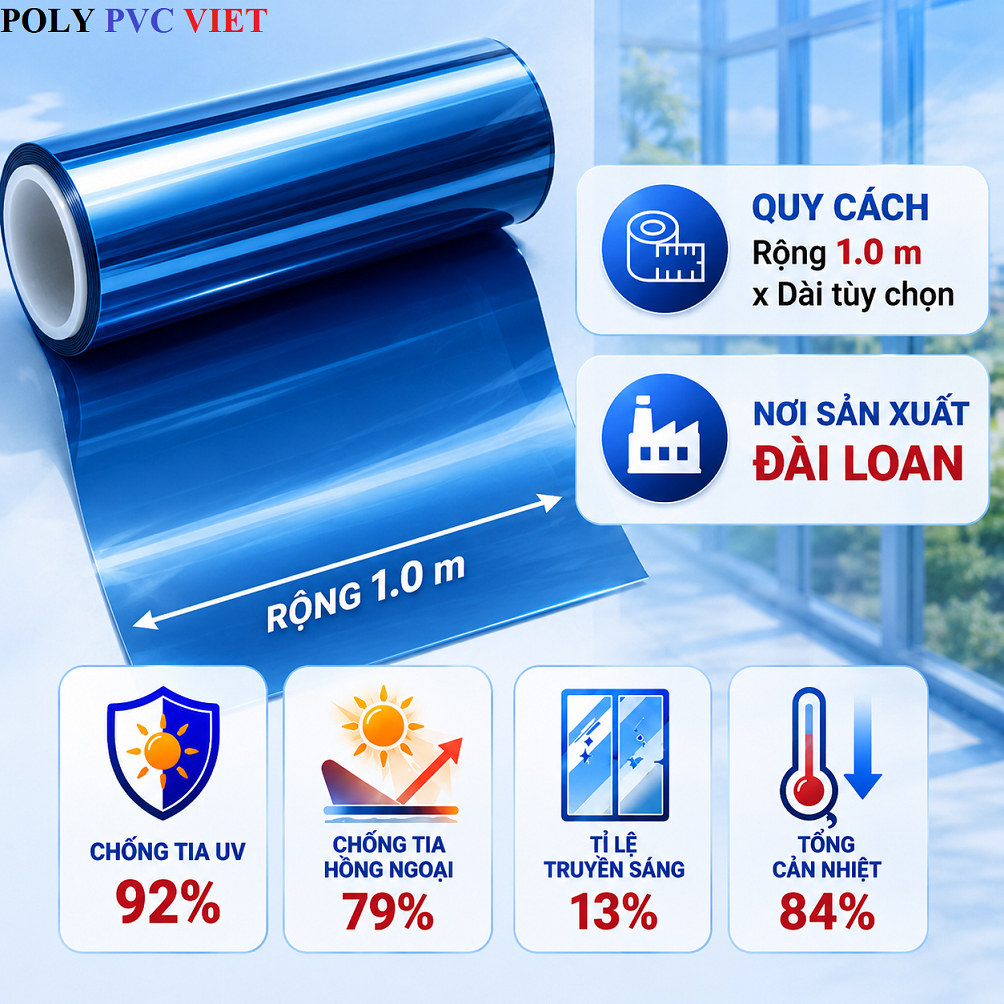 Decal Tự Dán Phản Quang Cách Nhiệt Xanh Biển Khổ 1m - Chống Nắng, Chống UV 92%, Cản Nhiệt 84%, Dán Kính Nhà Ở Văn Phòng