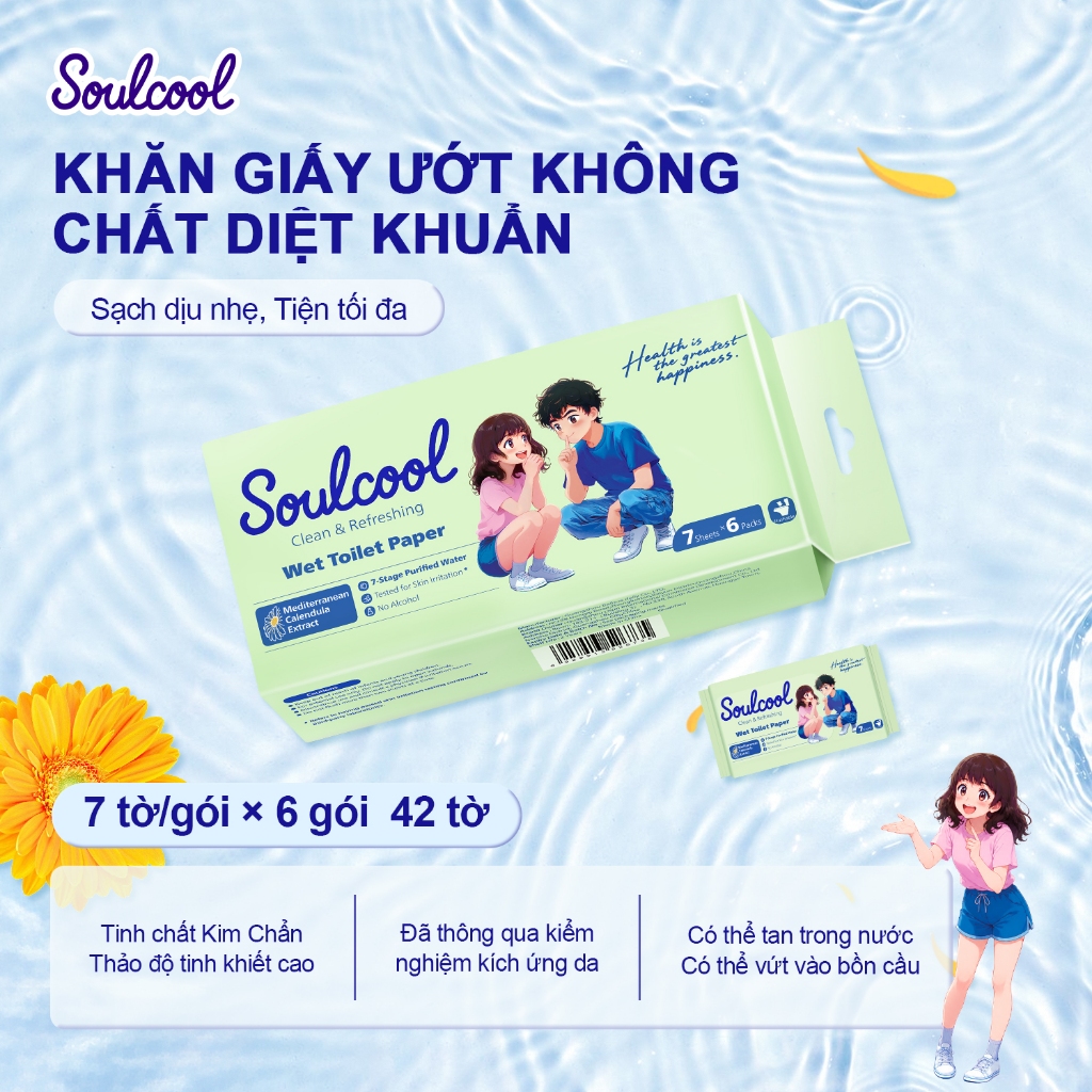 Soulcool Khăn Giấy Ướt Vệ Sinh – Không Chất Diệt Khuẩn – Tan Trong Nước, Xả Bồn Cầu – Không Cồn, Dịu Nhẹ – 7 Tờ/Gói