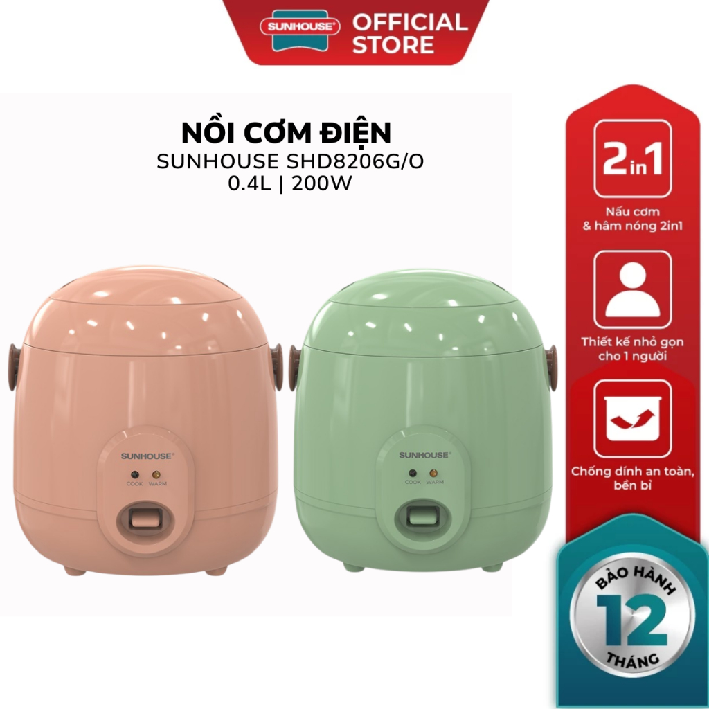 Nồi Cơm Điện 0.4L Sunhouse SHD8206O / SHD8206G - Bảo Hành 12 Tháng, Phù Hợp 1-2 Người