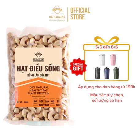 Nhân Hạt Điều Sống DK Harvest - Nguyên Hạt Dùng Làm Sữa - Hạt Đều Nguyên Hạt Đã Bóc Vỏ Size To, Không Bị Vỡ, Date Mới