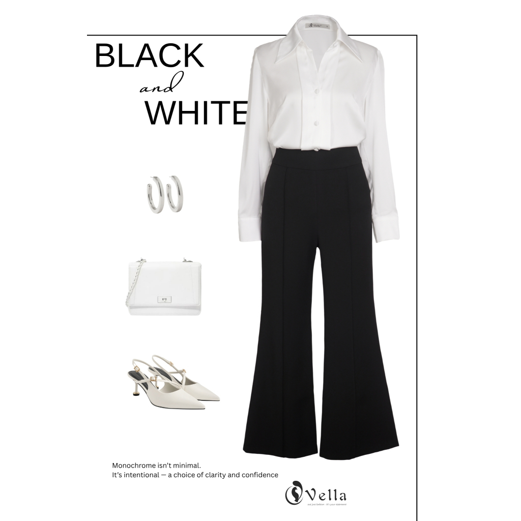 Vella Fashion Quần culottes đen công sở nữ ống suông loe, áo sơ mi lụa trắng VQ23089 VA24061