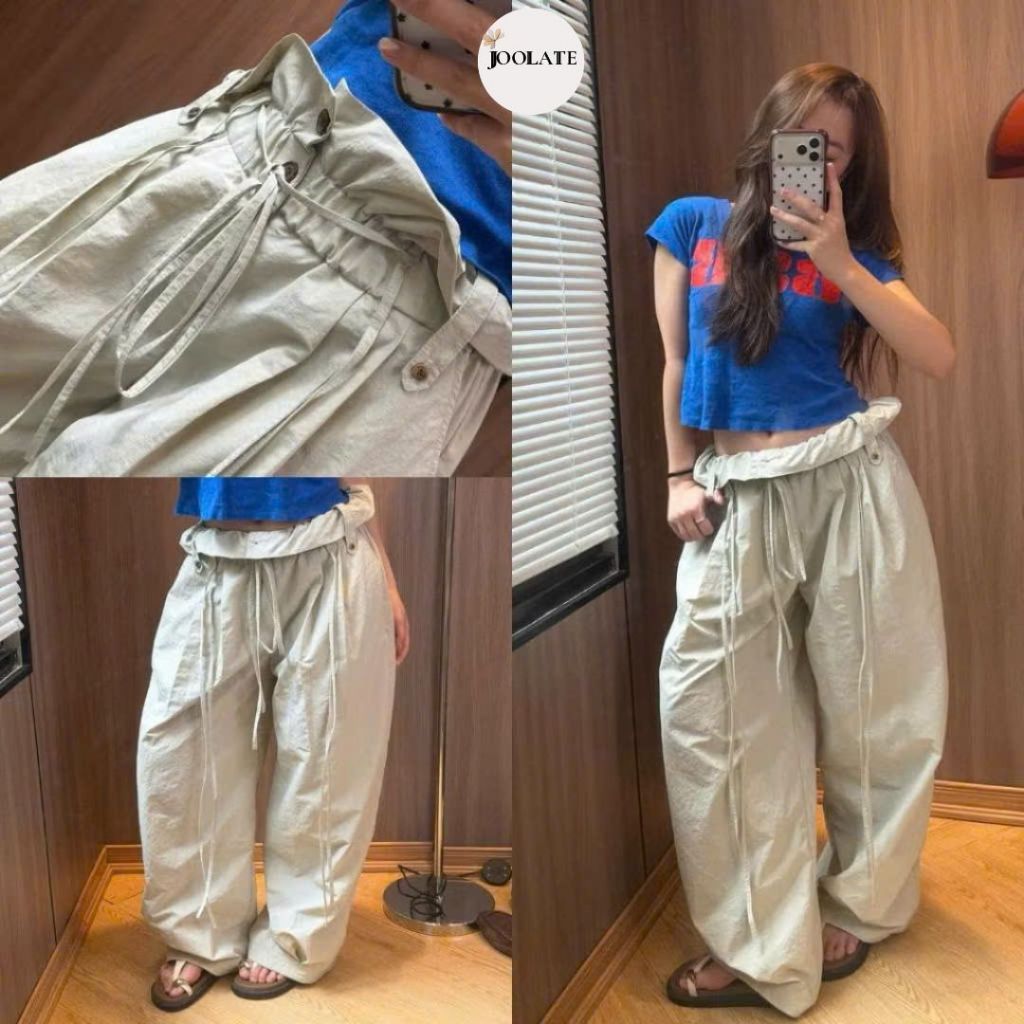 Quần Ống Rộng Nữ Cạp Gập Vải Gió Dáng Cong Phối Dây Buộc Nơ Tôn Dáng Thời Trang Hàn Quốc Joolate 305