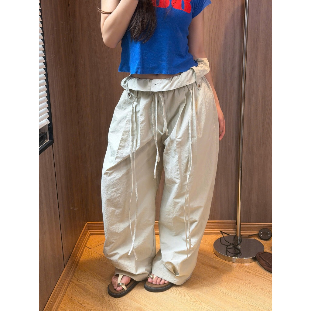 Quần Ống Rộng Nữ Cạp Gập Vải Gió Dáng Cong Phối Dây Buộc Nơ Tôn Dáng Thời Trang Hàn Quốc Joolate 305