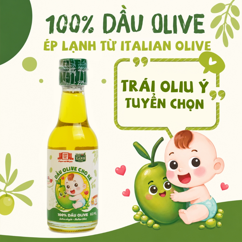 Dầu Olive ăn dặm dinh dưỡng Nguyên Chất Thôn Xanh Farm chai thuỷ tinh 60ml