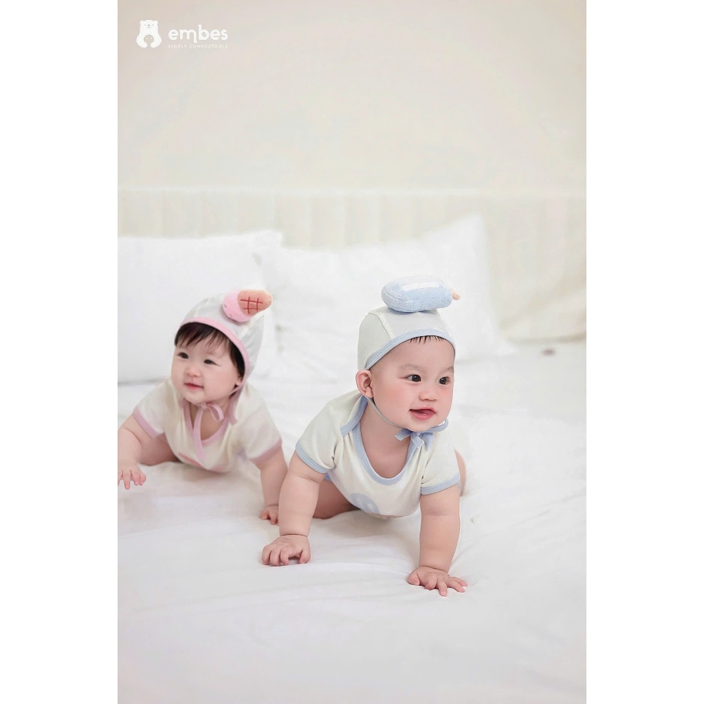 Bộ Cộc Sơ Sinh Embes, Bộ Cộc Tay In Hình Kèm Mũ Gắn Họa Tiết Cho Bé Trai Bé Gái Size Từ 0-9 Tháng