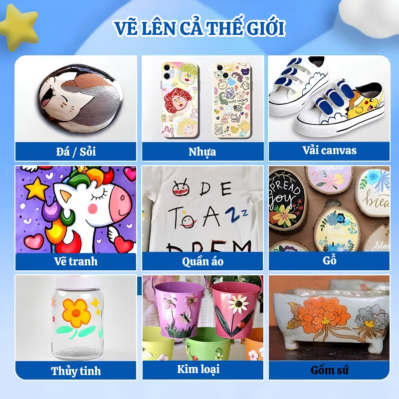 Hộp 24/36/48/60 Bút Màu Acrylic Marker Mực Lỏng Cao Cấp Ngòi Nylon Vẽ Đá Kính Gỗ Vải Không Thấm Giấy