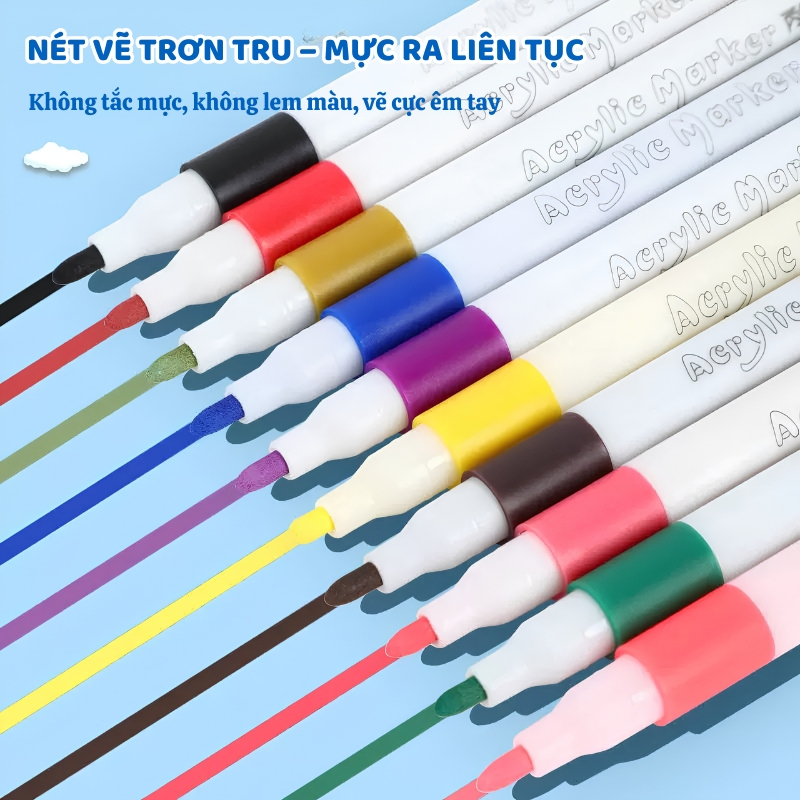 Hộp 24/36/48/60 Bút Màu Acrylic Marker Mực Lỏng Cao Cấp Ngòi Nylon Vẽ Đá Kính Gỗ Vải Không Thấm Giấy