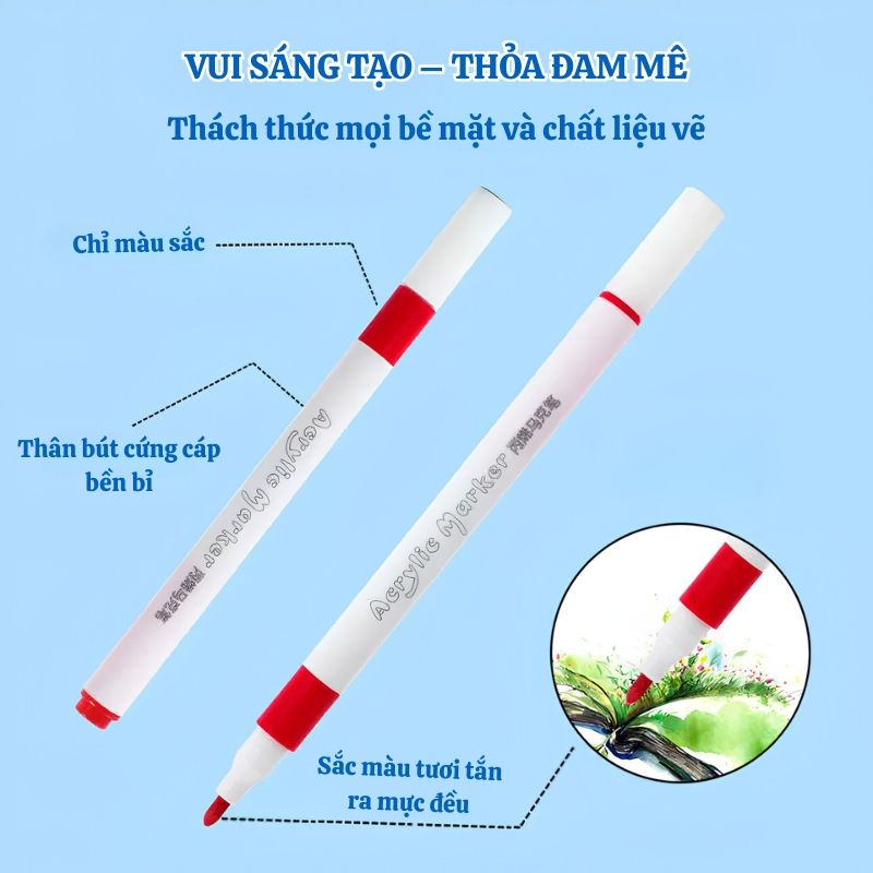 Hộp 24/36/48/60 Bút Màu Acrylic Marker Mực Lỏng Cao Cấp Ngòi Nylon Vẽ Đá Kính Gỗ Vải Không Thấm Giấy