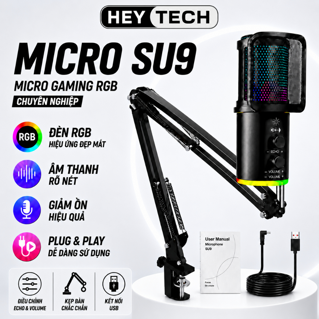 Micro-Micro Livestream, Thu Âm Chuyên Nghiệp SU9 - LED RGB-Lọc 99% Tạp Âm-Thu Âm 360 Độ-BH12T