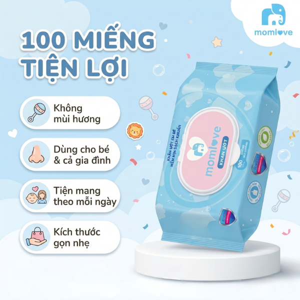 Khăn Ướt MOMLOVE Không Mùi Mềm Mịn Sạch Khuẩn Cho Em Bé x100 Miếng