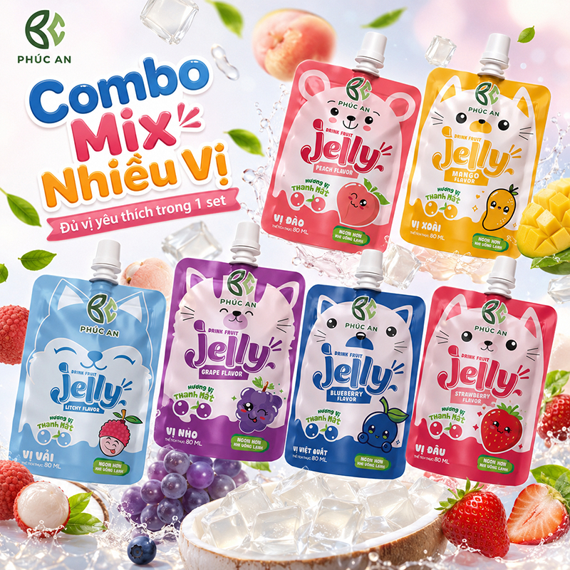 Combo mix vị Nước Thạch Trái Cây Phúc An - giải khát cho bé mùa hè 2026,dạng túi có vòi hút tiện lợi