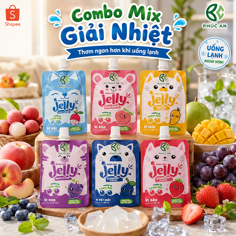 Combo mix vị Nước Thạch Trái Cây Phúc An - giải khát cho bé mùa hè 2026,dạng túi có vòi hút tiện lợi