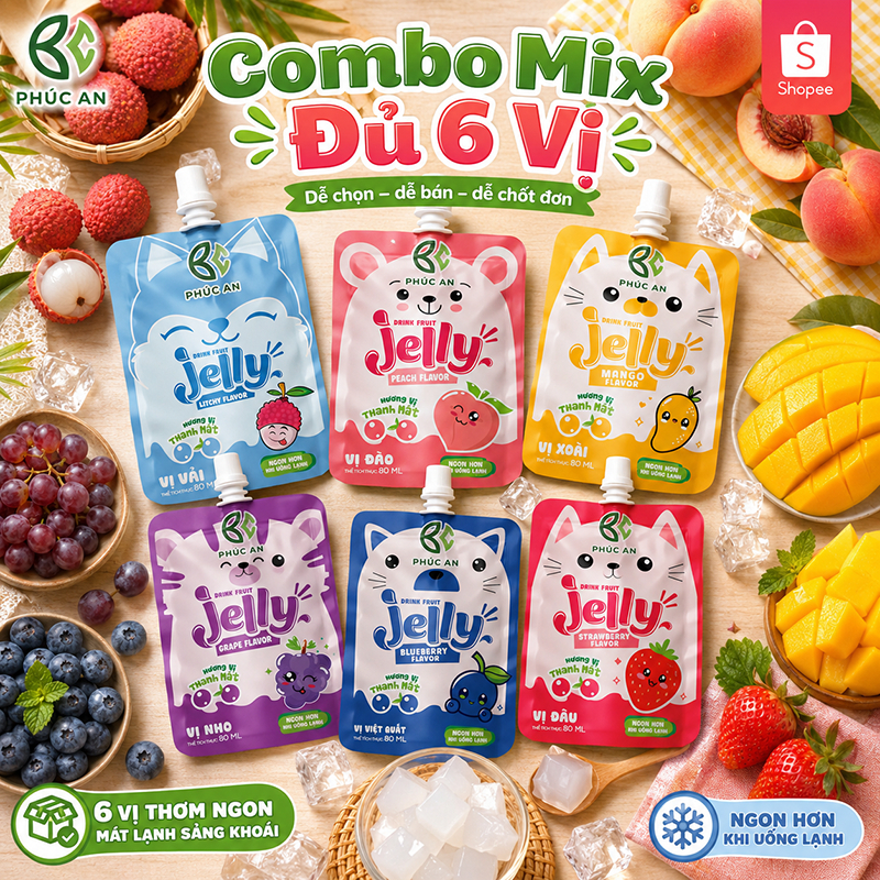 Combo mix vị Nước Thạch Trái Cây Phúc An - giải khát cho bé mùa hè 2026,dạng túi có vòi hút tiện lợi