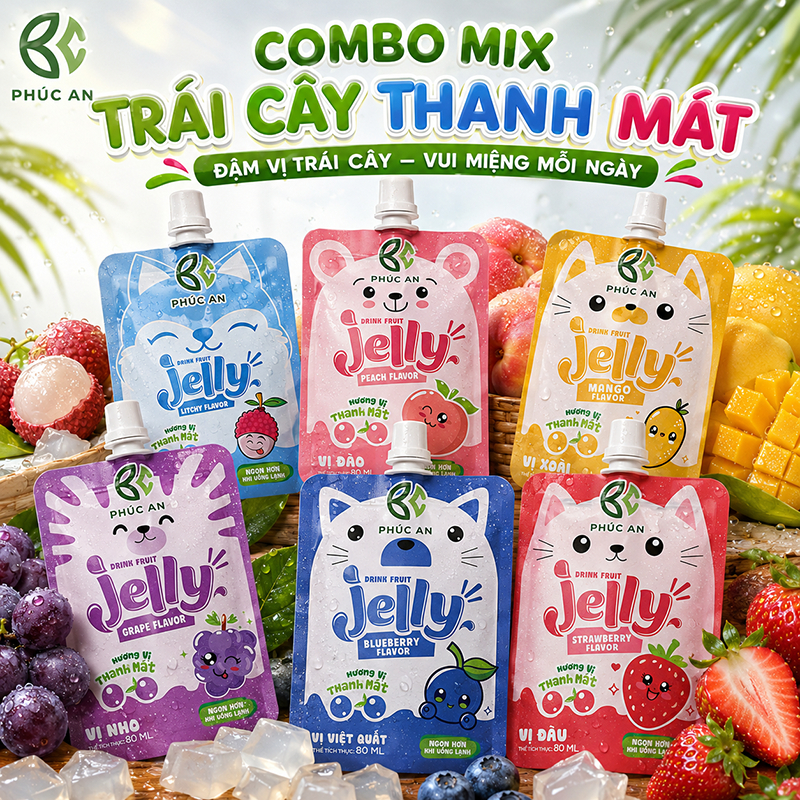 Combo mix vị Nước Thạch Trái Cây Phúc An - giải khát cho bé mùa hè 2026,dạng túi có vòi hút tiện lợi