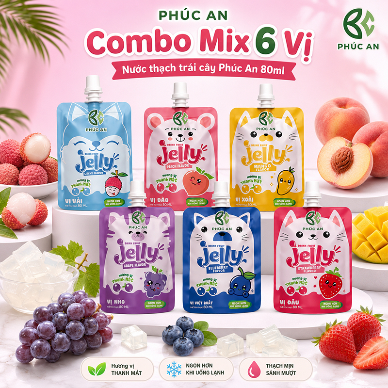 Combo mix vị Nước Thạch Trái Cây Phúc An - giải khát cho bé mùa hè 2026,dạng túi có vòi hút tiện lợi