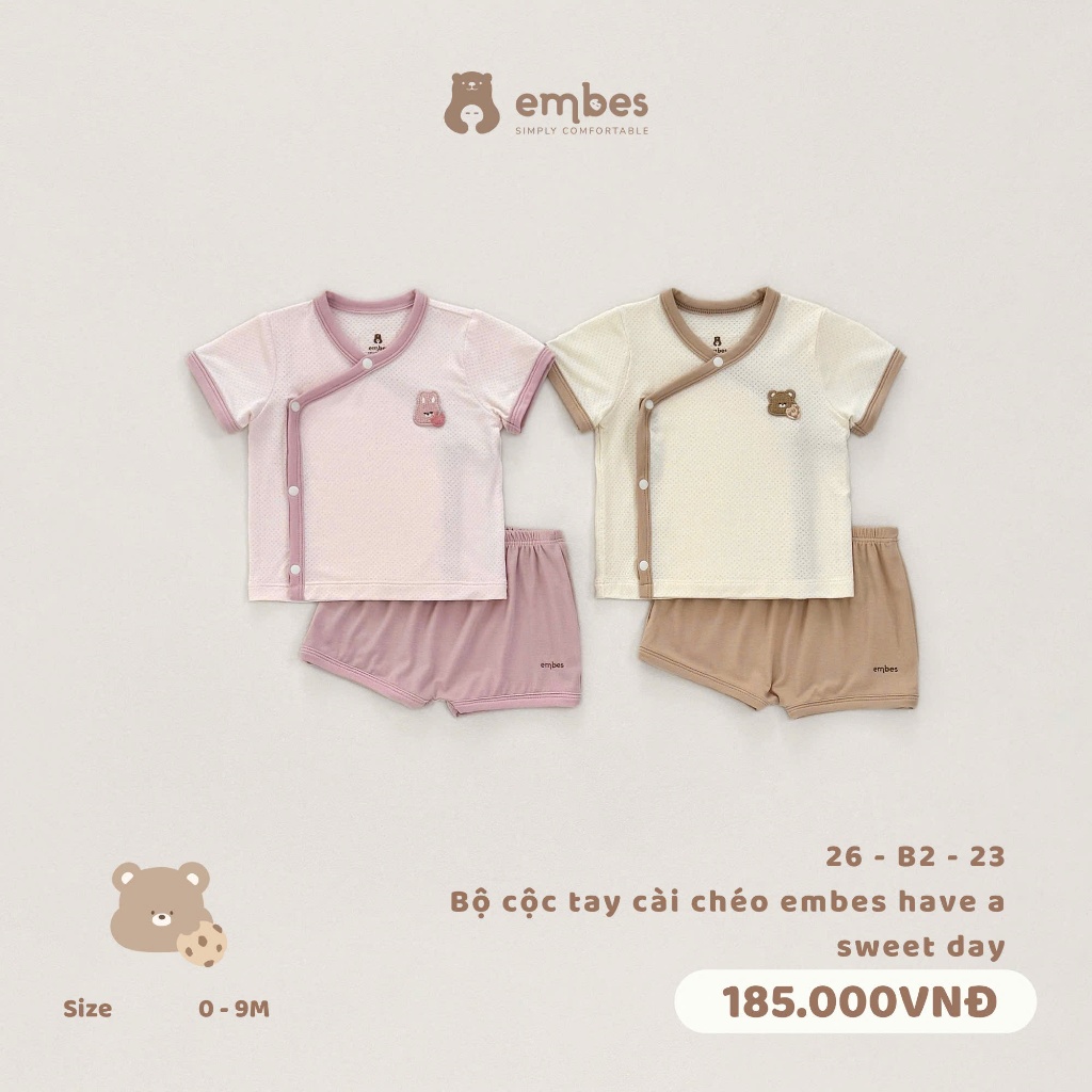 Bộ Cộc Sơ Sinh Embes, Bộ Cộc Tay Cài Chéo Thêu Hình Chất Thông Hơi Cho Bé Trai Bé Gái Từ 0-9 Tháng