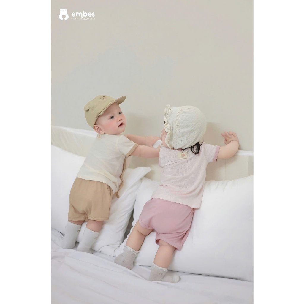 Bộ Cộc Sơ Sinh Embes, Bộ Cộc Tay Cài Chéo Thêu Hình Chất Thông Hơi Cho Bé Trai Bé Gái Từ 0-9 Tháng