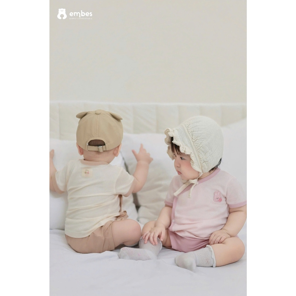 Bộ Cộc Sơ Sinh Embes, Bộ Cộc Tay Cài Chéo Thêu Hình Chất Thông Hơi Cho Bé Trai Bé Gái Từ 0-9 Tháng