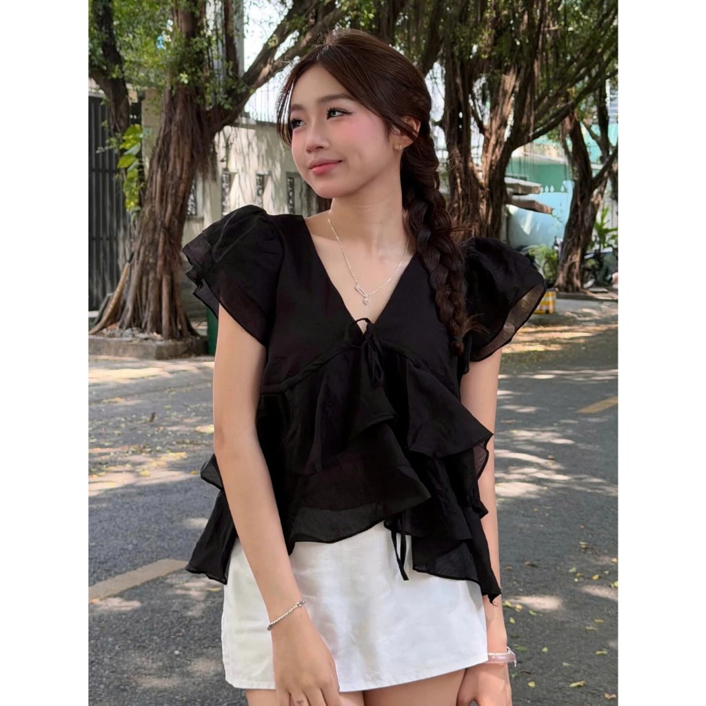 Áo Babydoll Kiểu Nữ Tay Phồng Nhiều Tầng Xoè Đuôi Cá Cổ V Đi Biển Mùa Hè Kimee | BigBuy360 - bigbuy360.vn