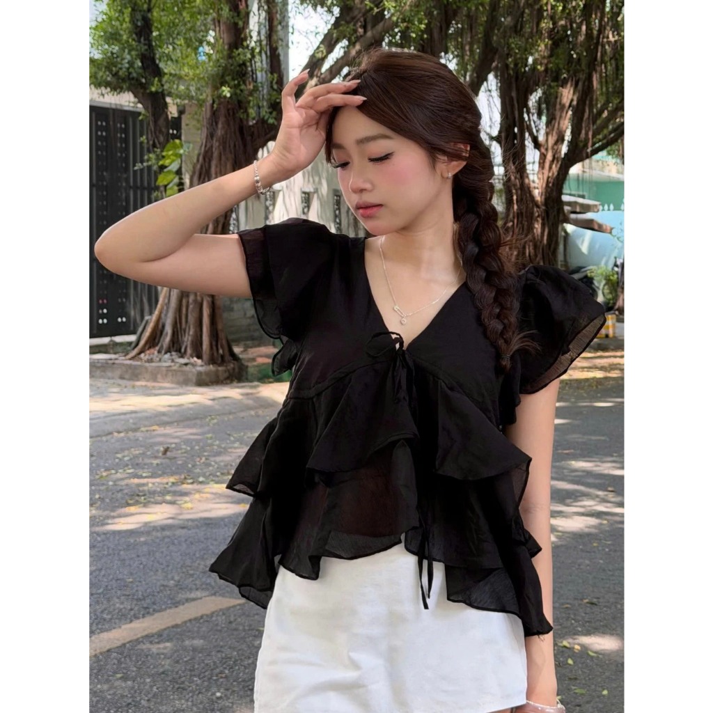 Áo Babydoll Kiểu Nữ Tay Phồng Nhiều Tầng Xoè Đuôi Cá Cổ V Đi Biển Mùa Hè Kimee | BigBuy360 - bigbuy360.vn
