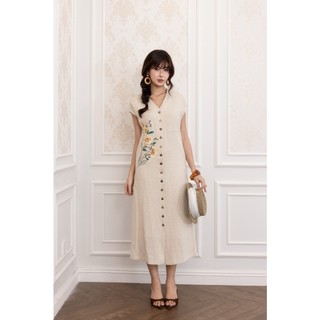 SWANLAKE | Váy Đầm Nữ Maxi Suông Tay Hến Cổ Chữ V Cài Nút Vải Linen Thêu Hoa Công Sở Dạo Phố D13782