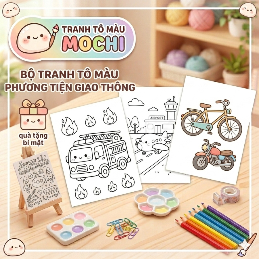 Bộ 50 tranh tô màu phương tiện Mochi tranh tô màu cho bé nhiều hình đồ chơi giấy thủ công bé (T06)